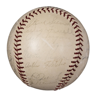 1938 World Series Champion New York Yankees Team Signed OAL Harridge Baseball With 26 Signatures Including Gehrig, DiMaggio, Dickey and Gomez (JSA)